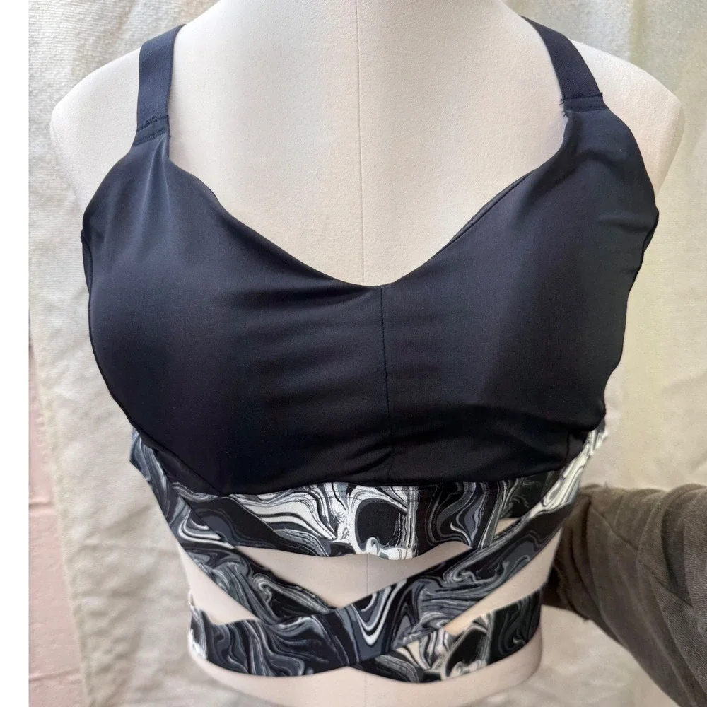 Adore Me Jet Black Marble Print Strappy Wrap Sports Bra XL edgy‎ yoga gym wear